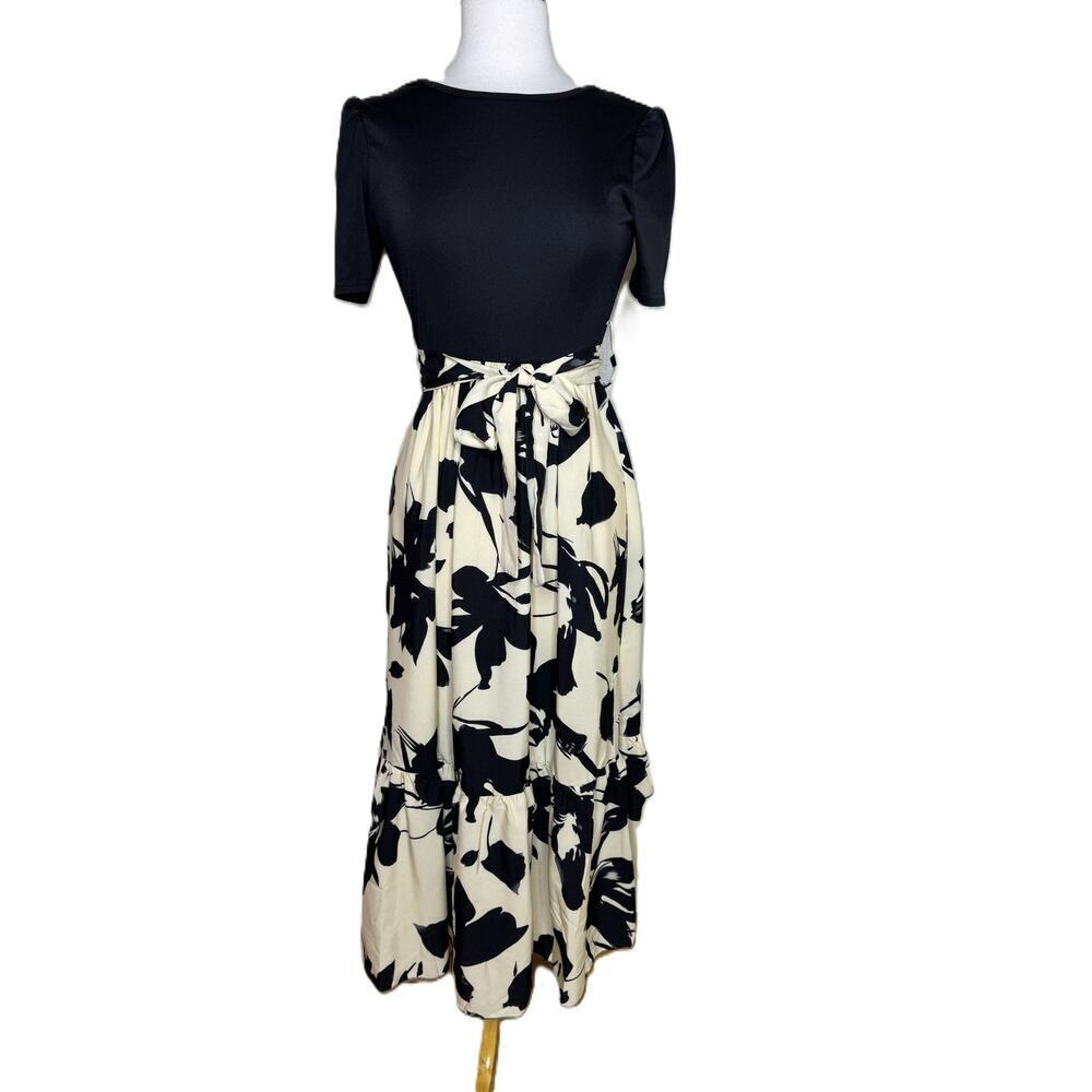 Women's Black & Cream Floral Print Maxi Dress, Tie Waist, Size Small